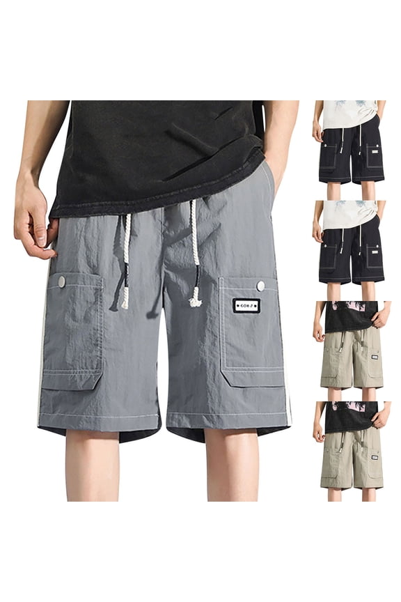 Mens Drawstring Cargo Shorts with Pockets Elastic Waist Bermudas Summer Casual Outdoor Fishing Shorts Black L