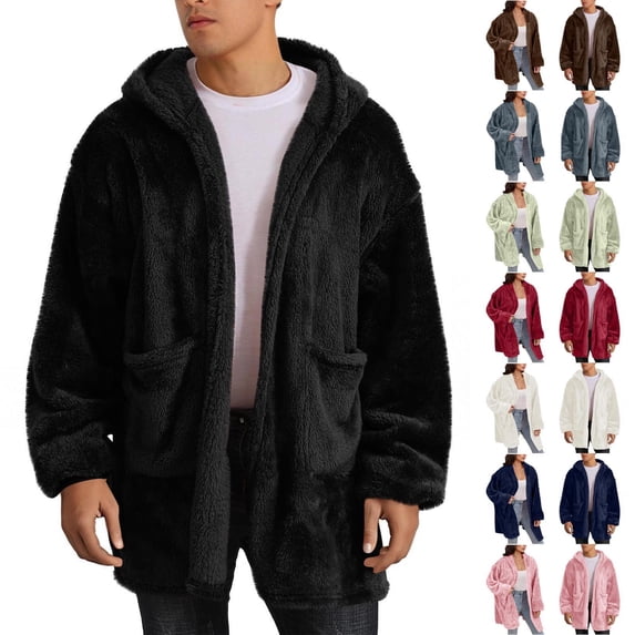 QIUOMBBP Mens Fuzzy Cardigan Jacket Sherpa Fleece Thermal Hoodie Coats Oversized Plush Long Sleeve Winter Jacket with Pockets Brown S