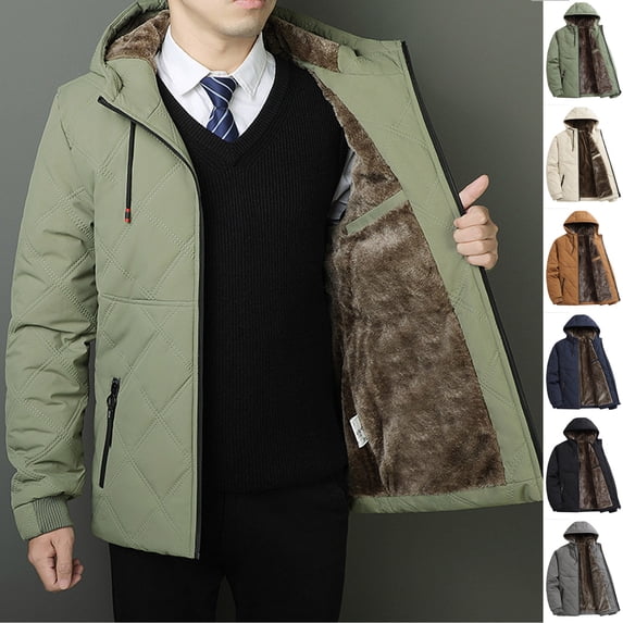 QIUOMBBP Mens Hooded Puffer Jacket Sherpa Lined Zip Up Coats with Pockets Winter Thicken Warm Quilted Coat Black M