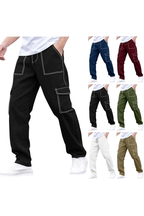 Mens Loose Cargo Pants Summer Casual Outdoor Walking Pant with Multi Pockets Elastic Waist Drawstring Straight Leg Trousers Coffee S