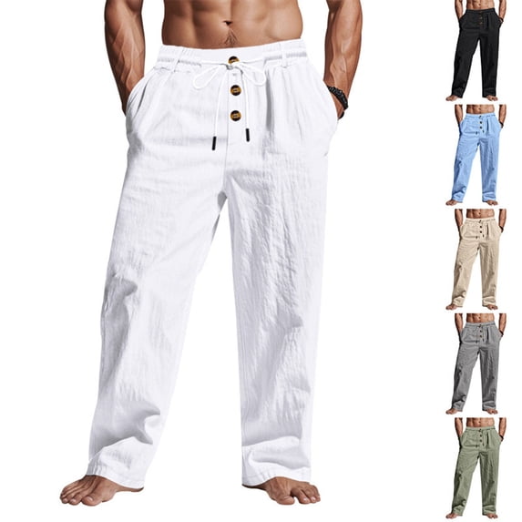 QIUOMBBP Mens Loose Pants Drawstring Elastic Waist Button Linen Straight Leg Pant Summer Casual Breathable Streetwear Gray L