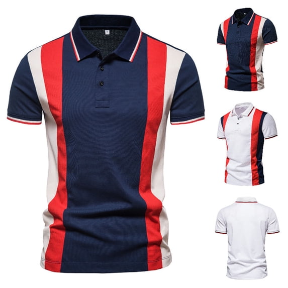 QIUOMBBP Mens Sport Polos Shirts Summer Loose Lightweight Tennis Golf Tees Short Sleeve Color Block Lapel Collared Casual Tshirts Navy XL
