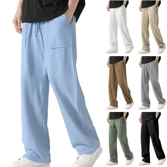 QIUOMBBP Mens Wide Leg Pants Summer Baggy Breathable Linen Straight Leg Pant Drawstring Elastic Waist Thin Lightweight Trousers White L
