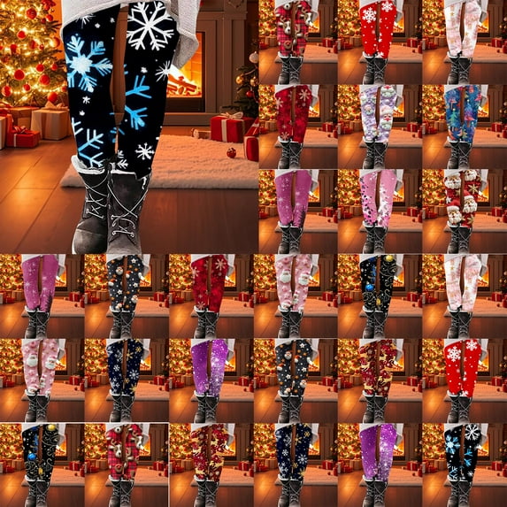 QIUOMBBP Multicolor High Waisted Christmas Leggings for Women Slim Fit Tummy Control Running Cycling Yoga Pants L