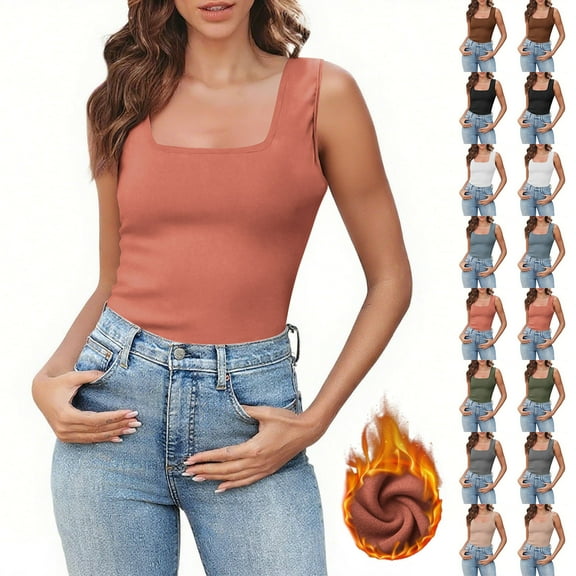 QIUOMBBP Navy Womens Sleeveless Thermal Tank Tops Fleece Lined Square Neck Underwear Tanks Fall Winter Workout Warm Base Layer Shirts, S