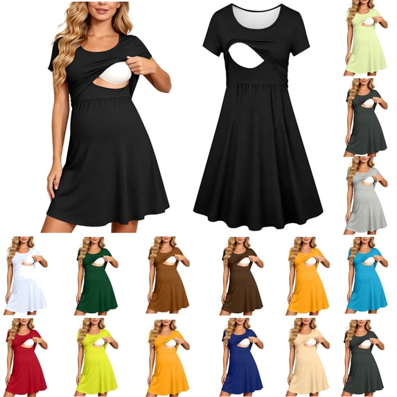 QIUOMBBP Nursing Dress Maternity for Women Short Sleeve Pleated Mini Dresses Solid Color Flowy A-Line Dress Navy M