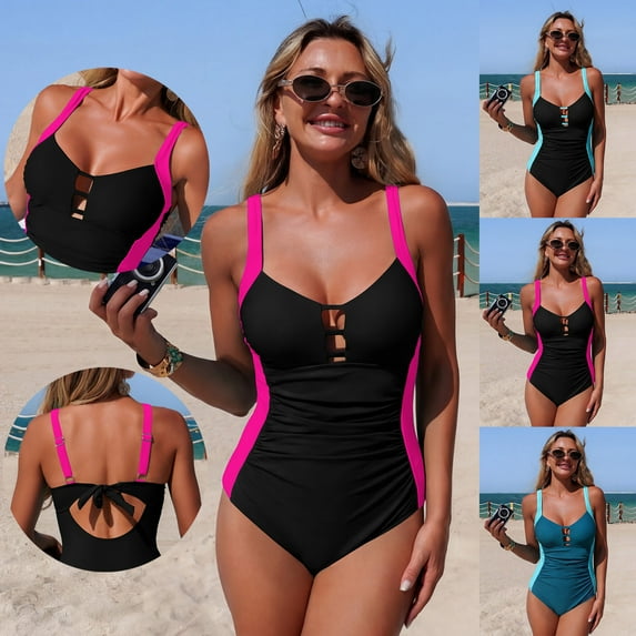 QIUOMBBP One Piece Bathing Suit for Women Cutout Front Tummy Control Swimsuits with Padded Beach Sport Swimwear Blue S
