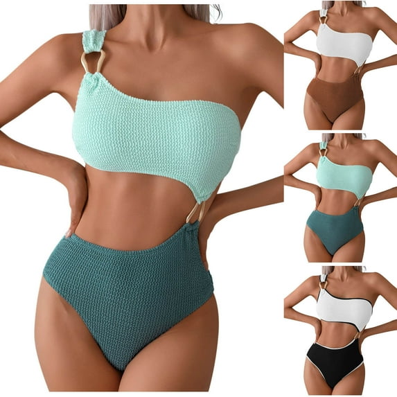 QIUOMBBP One Shoulder Swimsuits for Women Cutout Front Ribbed 1 Piece Bathing Suit with Padded Summer Beach Swimwear Khaki L