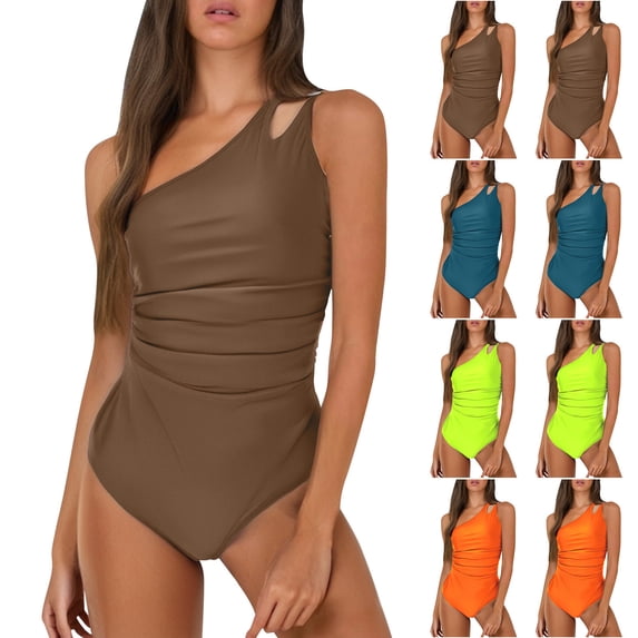 QIUOMBBP One Shoulder Swimsuits for Women Plus Size Ruched Tummy Control Bathing Suit High Cut 1 Piece Swimwear Orange XXXL