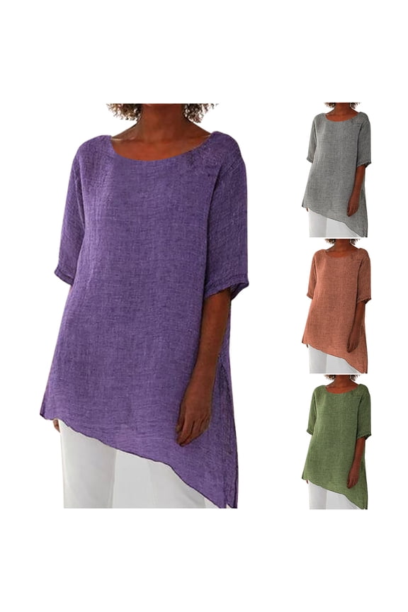 Oversize Cotton Linen Shirts for Women Short Sleeve Crew Neck Plain T-Shirt Summer Casual Loose Fit Beach Blouse Gray L