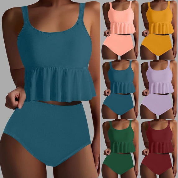 QIUOMBBP Peplum Tankini Set for Women Plus Size Two Piece Ruffle Tank Top with High Waisted Bottom Modest Summer Beach Bathing Suits Navy XL