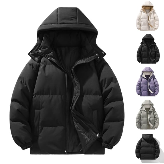 QIUOMBBP Plus Size Down Coat Men Zip Up Long Sleeve Thicken Warm Parkas Black Hooded Padded Down Puffer Coats with Pockets Black L