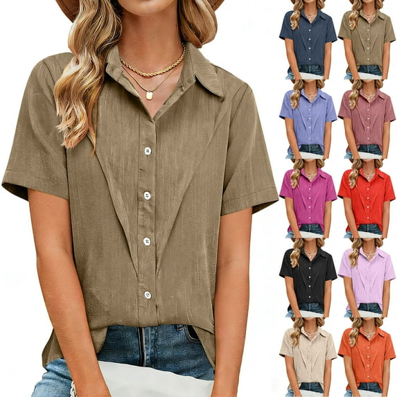 QIUOMBBP Plus Size Linen Tops for Women Short Sleeve Solid Button Down Shirts Loose Lightweight Breathable Summer Casual Tees Black XXXL