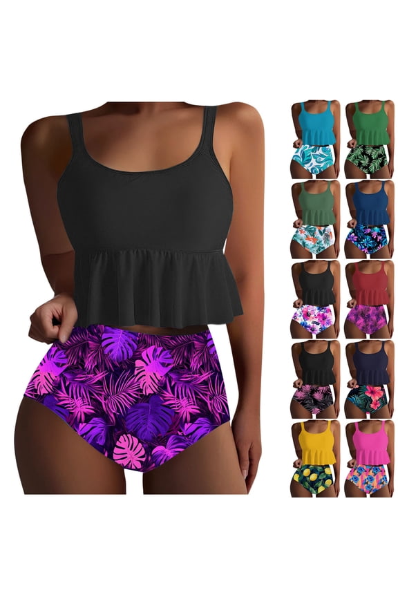Plus Size Tankini Set for Women, Two Piece Ruffled Peplum Tank Top with High Waisted Bottoms, Tummy Control Beach Vacation Bathing Suits Navy Neon Floral L