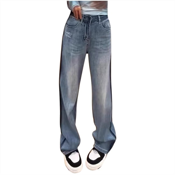 QIUOMBBP Plus Size Womens High Waisted Wide Leg Jeans Stretchy Baggy Vintage Denim Pants with Pockets, Blue, XXXXL