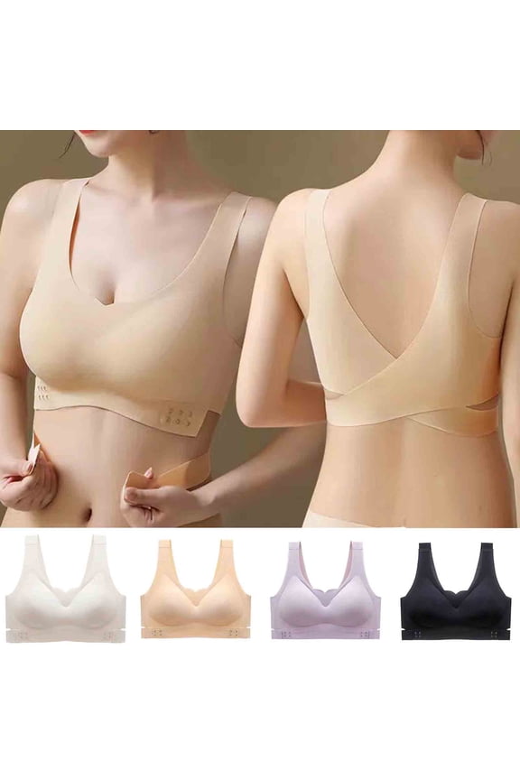 Posture Bras for Women Front Closure Cross Back Full Coverage Bralettes Wireless Seamless Supportive Tshirt Bra with Wide Straps Beige L