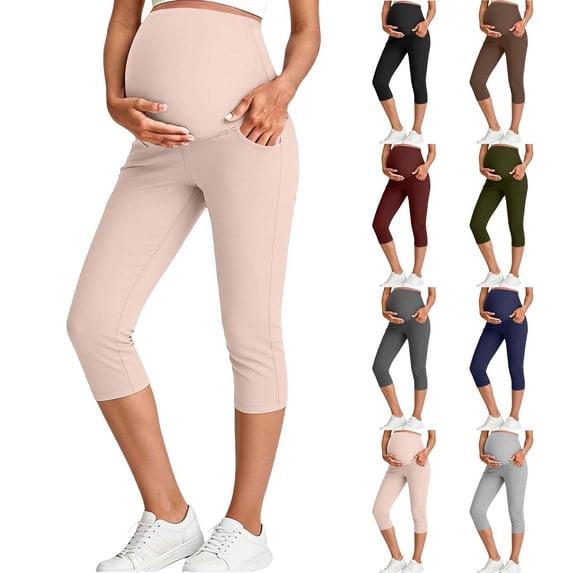 QIUOMBBP Pregnant Women Capris Stretch Casual Straight Leg Elastic Waist Cropped Lounge Trousers with Pockets Maternity Summer Capri Pants Black L