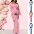thumbnail image 1 of QIUOMBBP Pregnant Women's Solid Color Flared Sleeve One Shoulder Maternity Evening Dress Slim Hip Pack Split Maternity Dress Blue S, 1 of 9