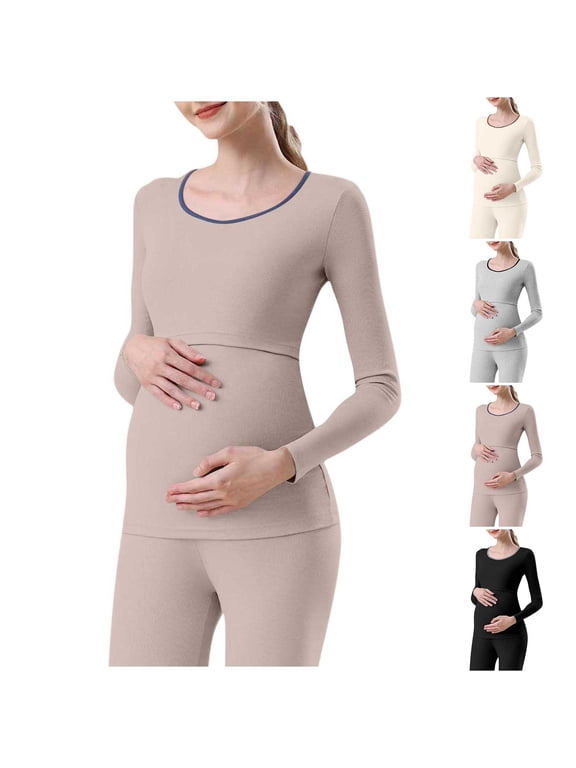 QIUOMBBP Pregnant Women's Solid Color Round Neck Long Sleeved Top To Be Worn As A Base During Pregnancy Khaki XXL
