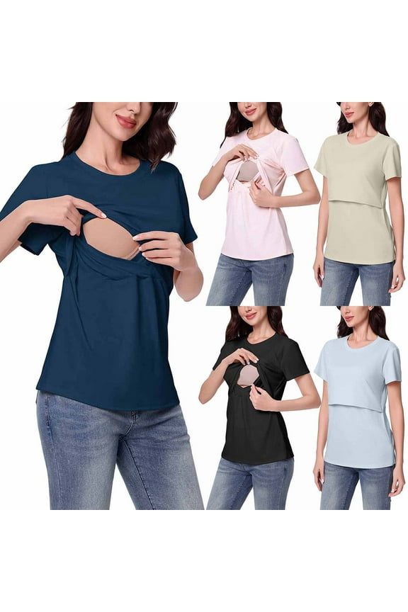 QIUOMBBP Pregnant Womens High Elasticity Nursing Solid Color Round Neck Short Sleeve Round Neck Breastfeeding Blouse Light Blue L