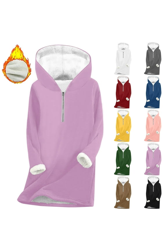 Quarter Zip Pullover Hoodies for Women Winter Warm Sherpa Lined Hooded Sweatshirts Fuzzy Fleece Long Sleeve Tunic Tops, Gray, L