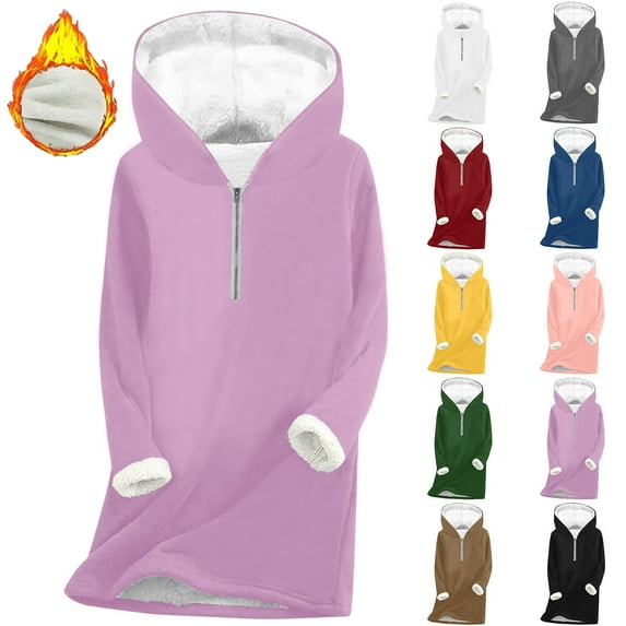 QIUOMBBP Quarter Zip Pullover Hoodies for Women Winter Warm Sherpa Lined Hooded Sweatshirts Fuzzy Fleece Long Sleeve Tunic Tops, Purple, XL