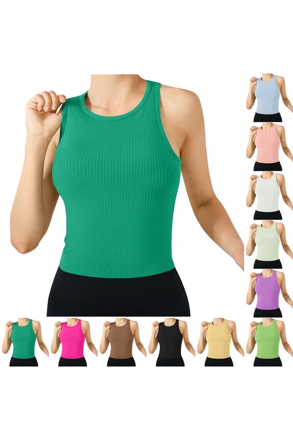 Racerback Tank Tops for Women Summer Sport Yoga Sleeveless Shirts with Built in Bra Compression Ribbed Knit Crop Top White S
