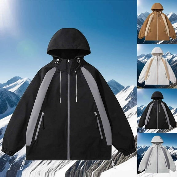 QIUOMBBP Rain Coats for Men Big and Tall Color Block Zip Up Hooded Jackets Winter Fleece Lined Drawstring Hoodies with Pockets, White, XXXL