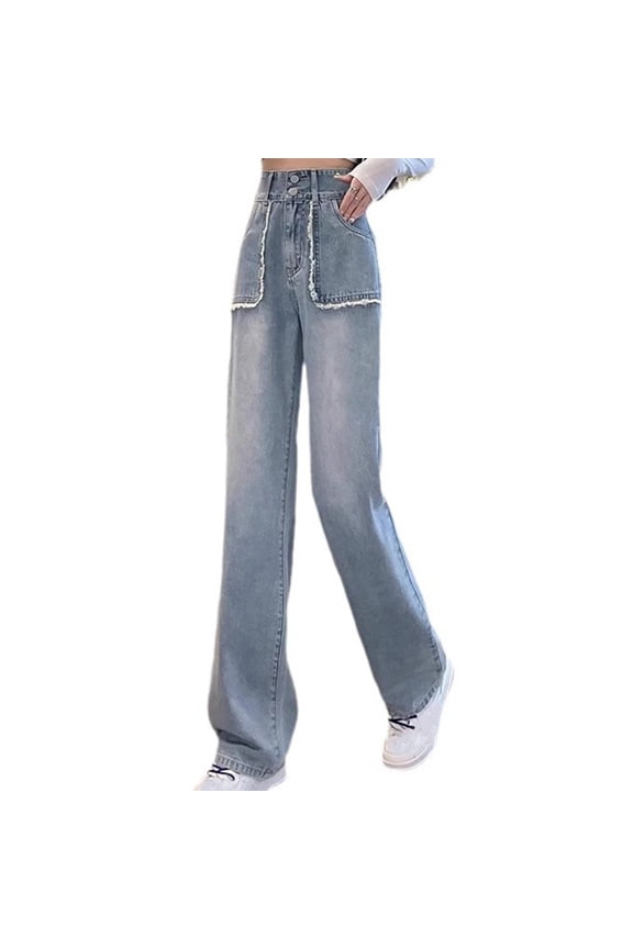 Raw Edge Jeans for Women High Waist High Waisted Straight Leg Denim Pants with Pockets Casual Baggy Jean Trousers, Light Blue, S