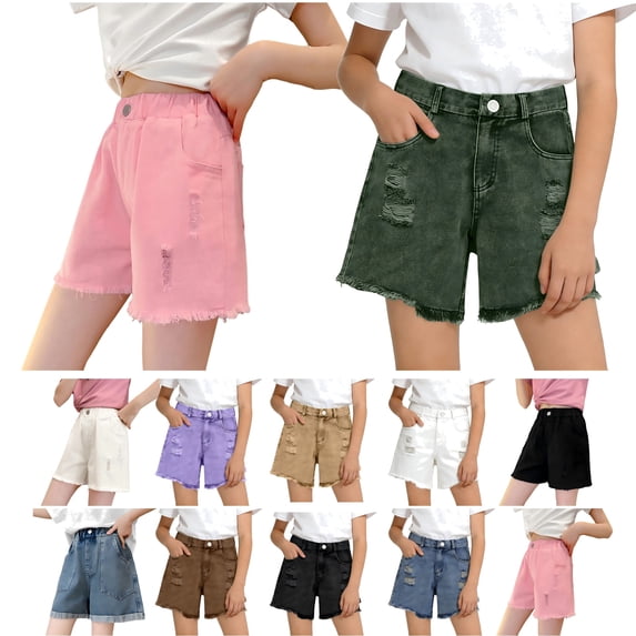 QIUOMBBP Ripped Jean Shorts for Girls Elastic Waist Wide Leg Denim Shorts with Pockets Solid Color Basic Short Pants Black 9-10Years