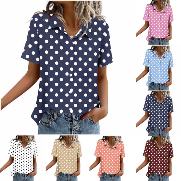 QIUOMBBP Short Sleeve Button Down Shirts for Women Polka Dots Lapel Collared Blouse Loose Casual Summer Streetwear Tops Pink XXL