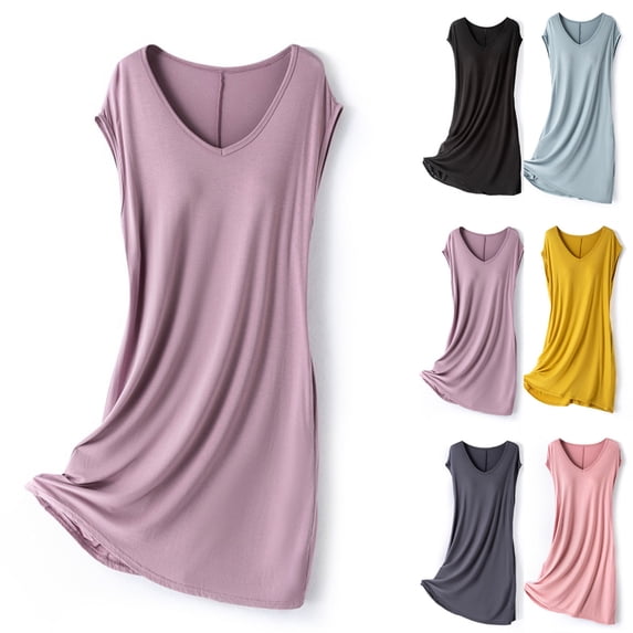 QIUOMBBP Sleep Dress for Women with Built in Bra Sleeveless V Neck Nightgowns Lightweight Summer Sundress Soft Comfy Loungewear Light Blue Free Size