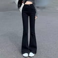 thumbnail image 1 of QIUOMBBP Slim Fit Flared Jeans Women Solid Color High Waisted Denim Pants Lightweight Solid Streetwear Trousers, Black, XL, 1 of 9