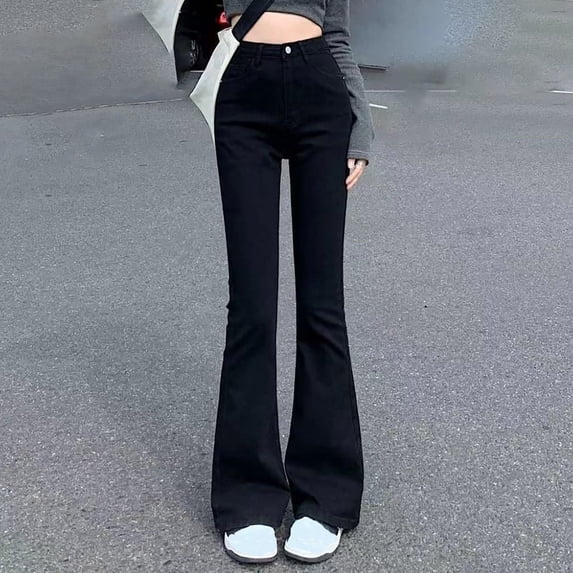 QIUOMBBP Slim Fit Flared Jeans Women Solid Color High Waisted Denim Pants Lightweight Solid Streetwear Trousers, Black, XL