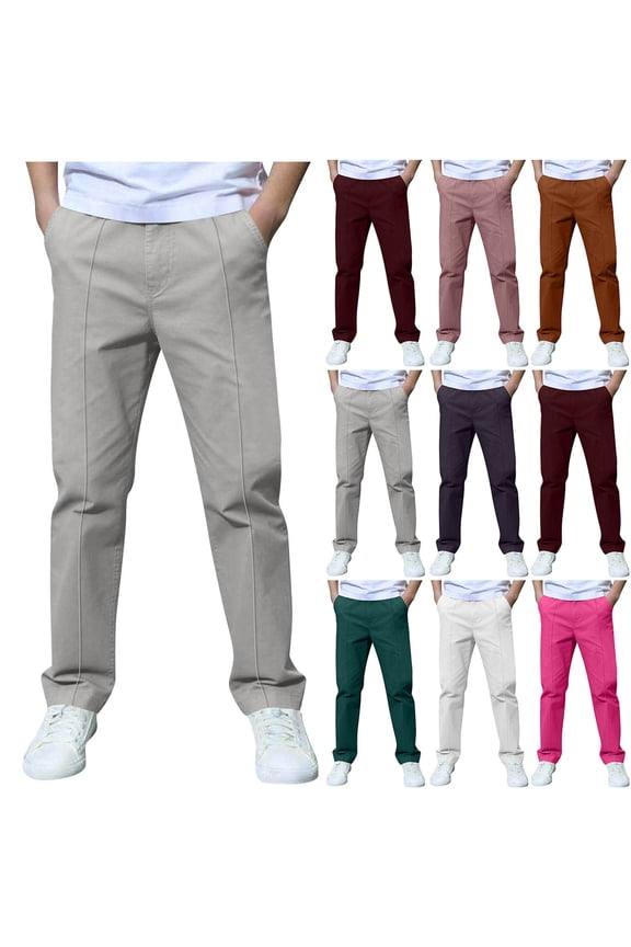 Solid Color Pants for Boys Seam Front Elastic Waist Dress Trousers with Pockets Slim Fit School Uniform Outfits Gray 11-12Years