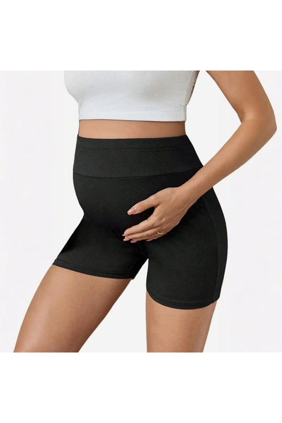 QIUOMBBP Solid Color Three-dimensional Thick Thread Yoga Sports Fashion Maternity Belly Support Comfortable Fitness Shorts without Constriction Black M