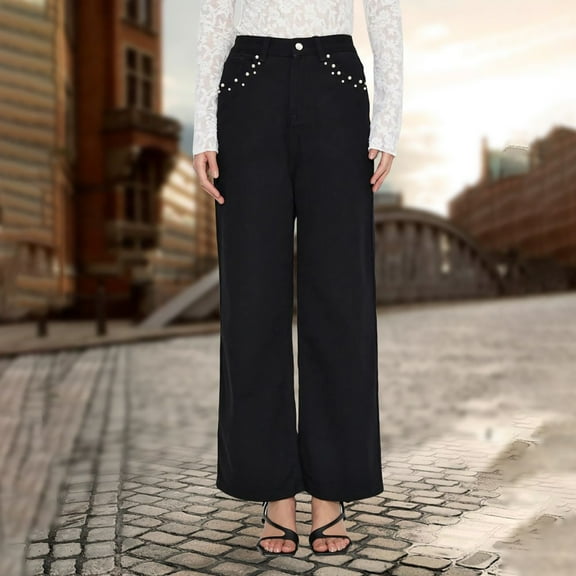 QIUOMBBP Straight Leg Jeans Woman High Waisted Fashion Baggy Boyfriend Denim Pants Y2k Palazzo Pants with Pockets, Black, S