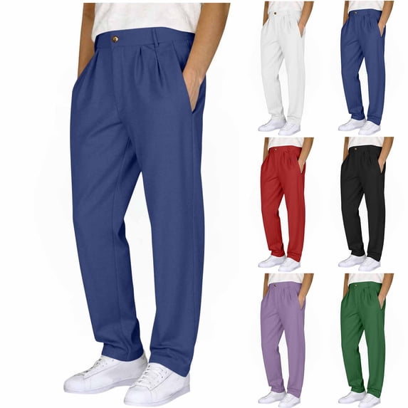 QIUOMBBP Straight Leg Pants for Men Summer Loose Breathable Linen Golf Pant Flat Front Elastic Waist Casual Sweatpant Navy XL