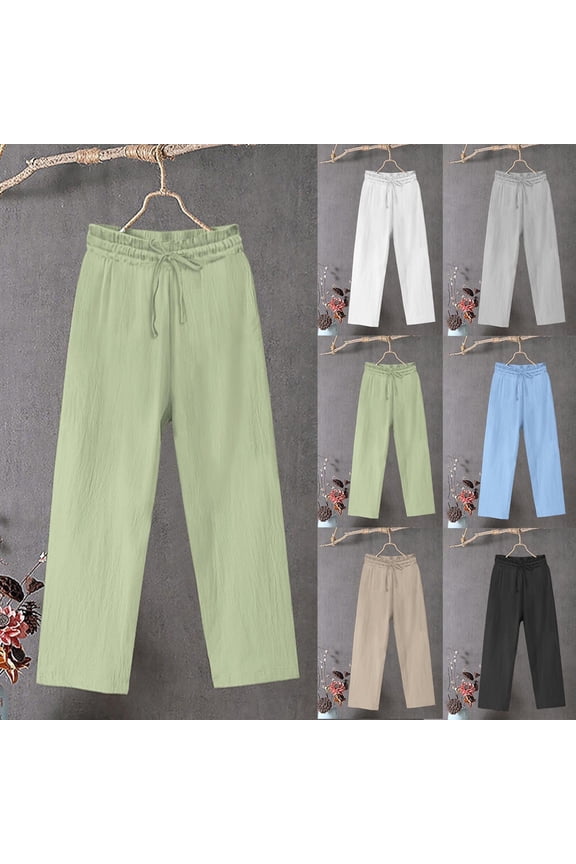 Straight Leg Pants for Women Summer Casual Breathable Cotton Linen Pant Drawstring Elastic Waist Plus Size Loose Trousers White M