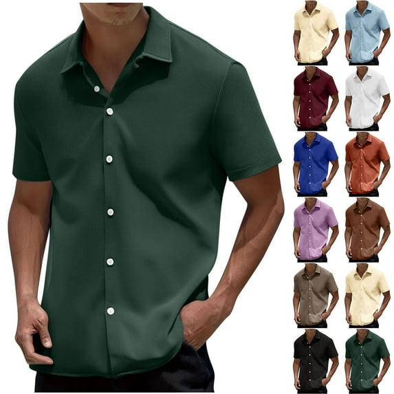 QIUOMBBP Summer Beach Shirts for Men Loose Casual Lightweight Vacation Tshirts Solid Short Sleeve Button Down Tees Army Green XL