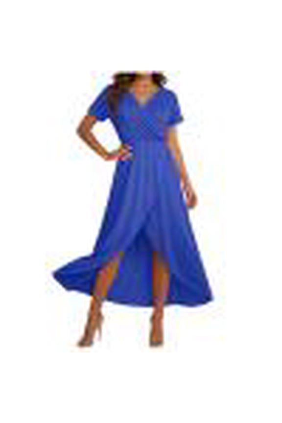 Summer Dresses for Women Short Sleeve High Split Wrap Ruffle Maxi Dress Plus Size Casual Everyday Sundress Blue XXXL