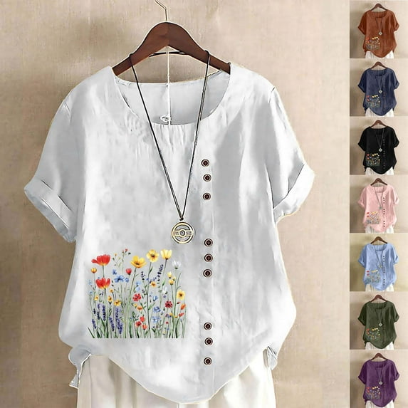 QIUOMBBP Summer Linen Shirts for Women Short Sleeve Plus Size Crew Neck Floral Print Tops Loose Lightweight Comfy Loungewear White XXXXL