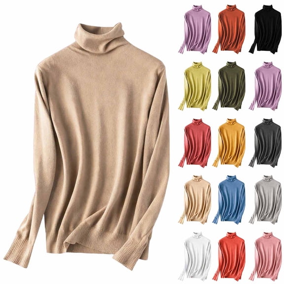 QIUOMBBP Sweaters Tops for for Woman Long Sleeve Thermal Mock Neck Pullover Solid Color Ribbed Knit Jumper, Khaki, XXL