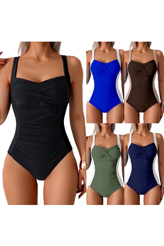 Tummy Control Swimsuits for Women Full Coverage Ruched Twist Front One Piece Bathing Suit Beach Vacation Swimwear Black XXL