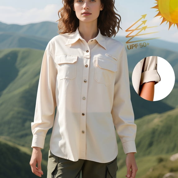 QIUOMBBP UPF 50+ Shirts for Women Long Sleeve Button Down Mesh Sun Protection Tops with Pocket Loose Breathable Summer Outdoor Fishing Tees Beige L