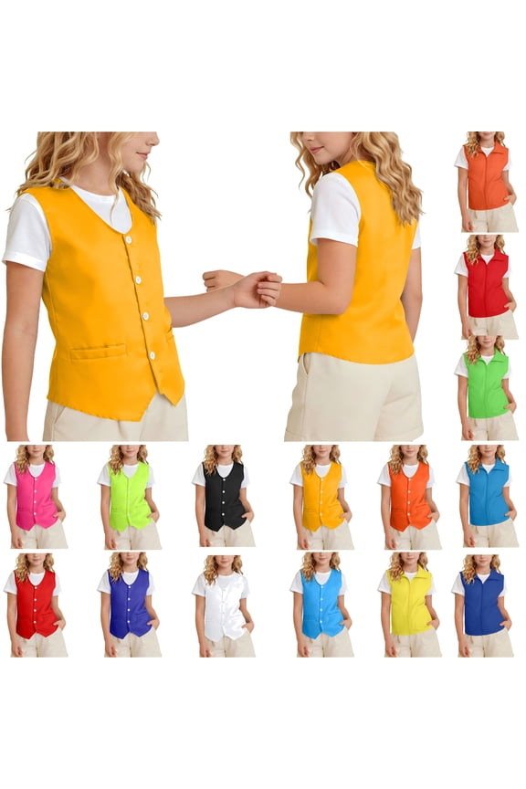 V Neck Sleeveless Vests for Kids Solid Color Button Down Tank Tops with Pockets Slim Fit Summer Tops Black 9-10Years