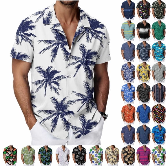 QIUOMBBP Vacation Shirts for Men Lightweight Casual Summer Beach Tops Short Sleeve Button Down Vibrant Tropical Tshirt Multicolor XL