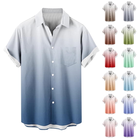 QIUOMBBP Vacation Shirts for Men Plus Size Casual Lightweight Summer Hawaiian Tshirts Gradient Short Sleeve Button Down Tees with Pocket Yellow XXXXL