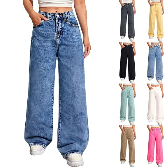 QIUOMBBP White Straight Leg Jeans for Women High Waisted Loose Stretchy Boyfriend Denim Pants Solid Color Jean Pants with Pockets Streetwear L