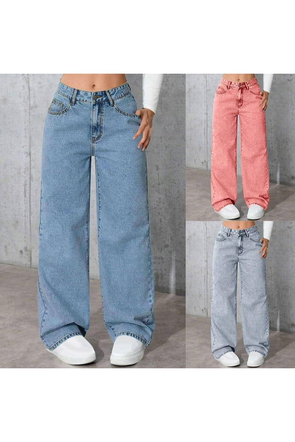 Wide Leg Jeans for Women High Waisted Loose Classic Washed Denim Pants with Pockets, Blue, L